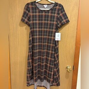 NWT LuLaRoe Carly Brown Orange Plaid Swing Dress Small Oversized